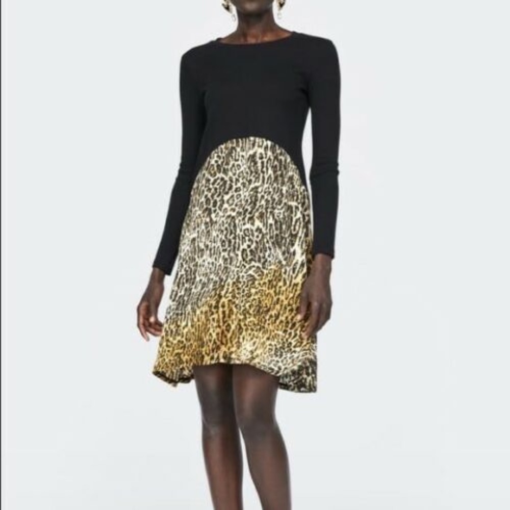 ZARA BLACK CONTRAST ANIMAL PRINT 70s DRESS